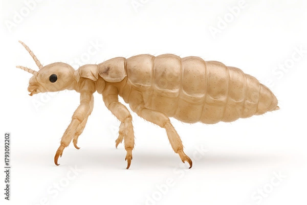 Fototapeta Photorealistic 3D anatomy of Pediculus humanus capitis (head louse), dorsal view, six segmented legs with single large tarsal claw opposing tibial thumb, elongated abdomen with visible spiracles