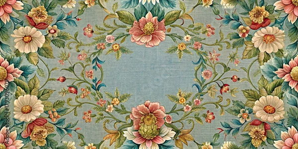 Fototapeta Vintage Floral Design Comprising Intricate Flowers And Foliage On Blue Background Showcasing Botanical Artistry And Timeless Aesthetic With Beautiful Symmetry