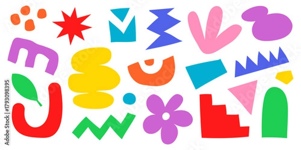 Fototapeta Colorful abstract geometric shapes set. Bright cutout style elements in playful composition. Modern minimalist design for backgrounds, posters, or collage art. Vector illustration