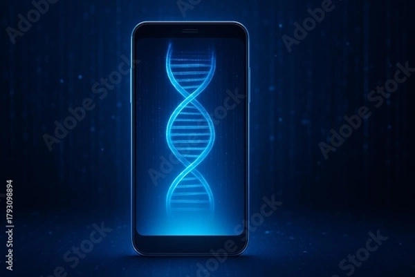 Fototapeta Futuristic Mobile Technology Concept with DNA Hologram Highlighting Cybersecurity