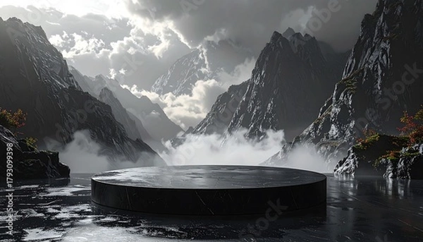 Fototapeta Dramatic mountain landscape with a dark podium over water.