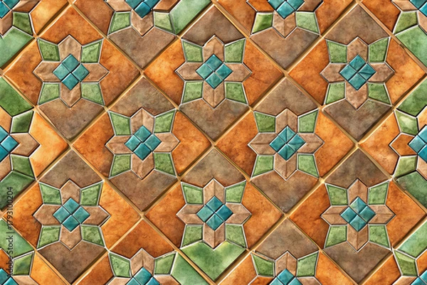 Fototapeta Ceramic Floor Tiles Pattern Design with Geometric Ornament Background for Interiors and Wall Decoration with Star Shape with Blue Teal and Green Color Exactly 200 Characters