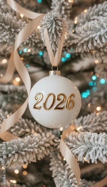 Obraz Elegant 2026 Christmas ornament on frosted tree with ribbon
