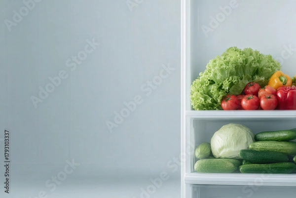 Fototapeta minimalist refrigerator filled with variety of fresh vegetables featuring ar blurred white text bars