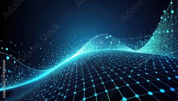 Fototapeta Abstract Digital Network Waves with Blue Light Dots in a Futuristic Technology Background