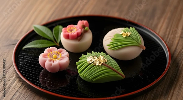 Obraz 日本の美：お正月を彩る雅な和菓子と金箔のクローズアップ写真