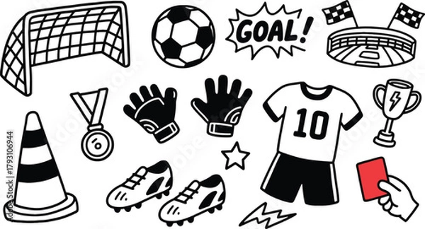 Obraz Vector illustration set of soccer equipment. Includes goal, ball, shout, stadium, uniform, award, gloves, boots, cone, referee and trophy elements.