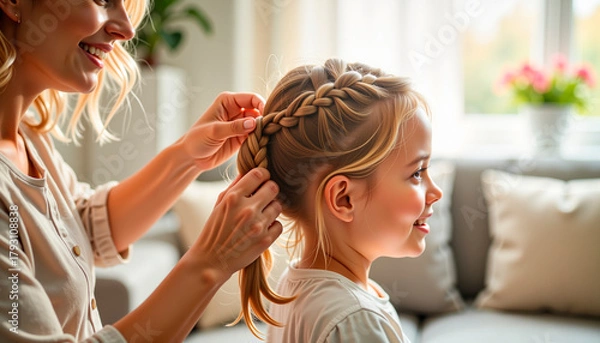 Obraz Mother lovingly braiding hair of young girl while sitting on sofa at home  