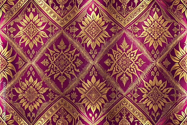 Fototapeta Thai Silk Fabric Pattern with Gold Ornament on Magenta Background Textile Design Floral Elements Artistic Texture Luxurious Traditional Fashion Decorating Arts and Crafts
