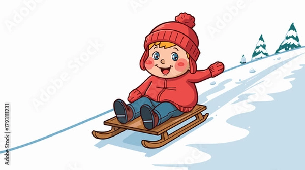 Obraz Joyful child gliding on sled across snowy hill child on toboggan hill