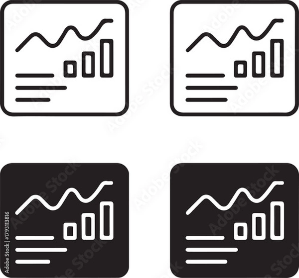 Obraz Isolated Analytics Dashboard black vector icon set, analytics dashboard icons, data graph interface report, solid black outline filled minimal thin stroke, business intelligence display symbols