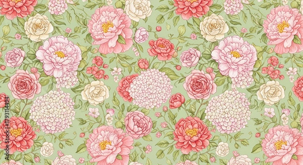 Fototapeta Elegant Floral Pattern Featuring Peonies and Roses in Pastel Shades on a Light Green Background Showcasing Feminine Design and Vintage Inspired Botanical Art with Romantic Touch