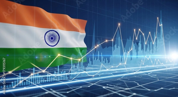 Fototapeta Indian flag with stock market graph showing economic growth and financial data analysis concept design