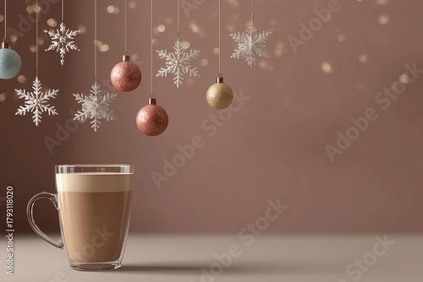Fototapeta Warm cocoa mocha mousse drink in a clear glass cup, surrounded by hanging festive baubles and snowflakes, creating a cozy holiday atmosphere with rich colors