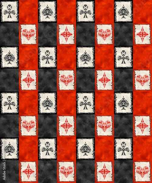 Fototapeta Playing Cards decorative suits seamless pattern on grunge background
