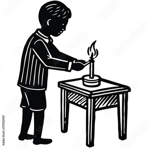 Obraz Child Lighting a Candle Silhouette Illustration, Boy Striking a Match on White Background