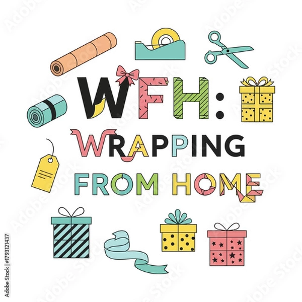Obraz WFH Wrapping From Home Christmas pun typography with wrapping paper icons, clean festive vector isolated on white background