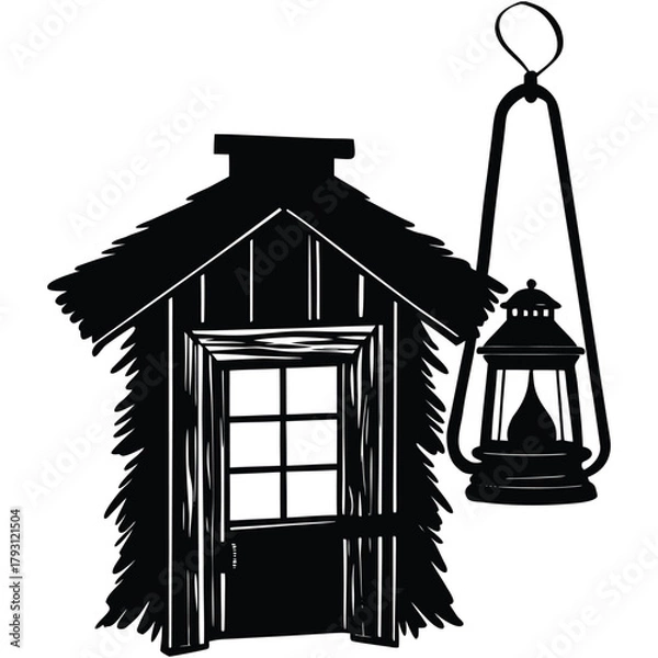 Fototapeta Rustic Cabin Silhouette with Lantern Illustration in Black and White on White Background