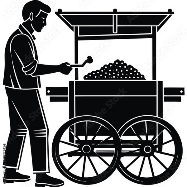 Fototapeta Popcorn Vendor Silhouette with a Cart on Wheels in Black and White on White Background