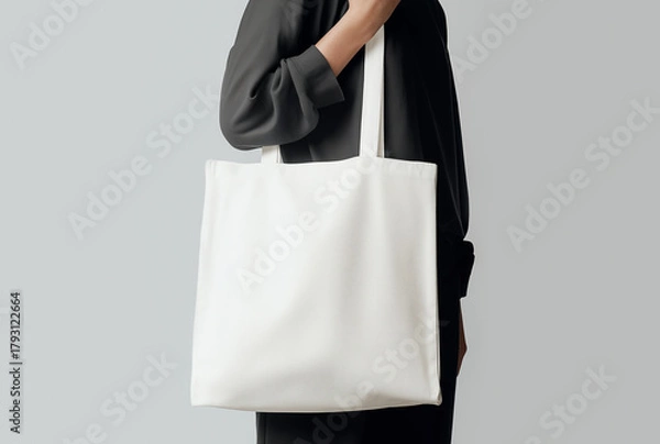 Obraz Tote bag mockup. Style person with shopping eco tote bag mock-up. Minimalist modern fashion look with dim clothing. Template mockup nature tote bag. Realistic style photo