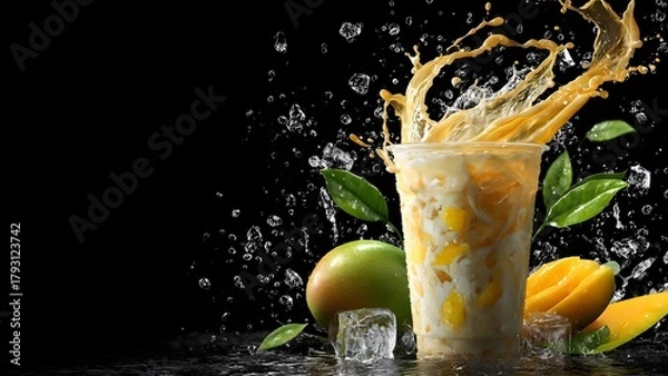 Obraz Tropical power in a cup. Iced Mango Milk Tea with real fruit chunks, captured in a dramatic, refreshing splash.