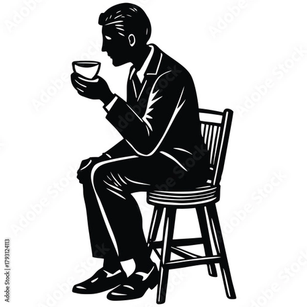 Fototapeta Elegant Drinker Silhouette: Man Enjoying Coffee or Tea in Simple Black and White on White Background