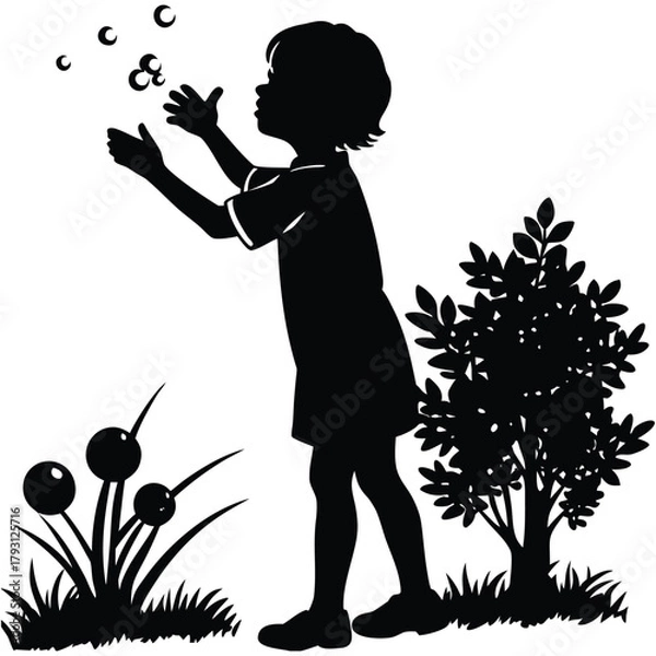 Obraz Child Blowing Bubbles Silhouette in Black and White Landscape Illustration on White Background