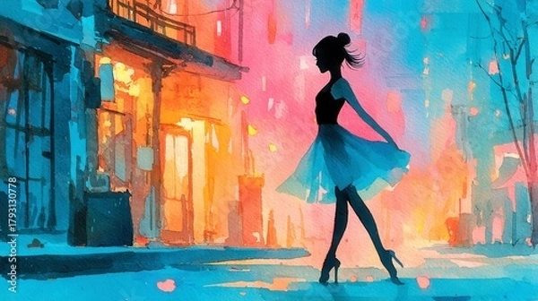 Fototapeta Ballet dancer in colorful urban scene, graceful pose against vibrant backdrop, artistic expression showcasing movement and beauty.