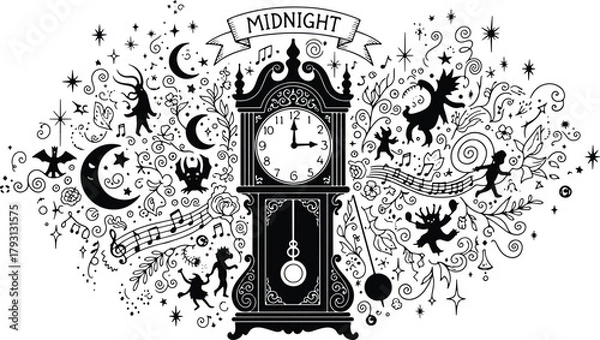 Fototapeta Magical midnight clockwork dreamscape with dancing creatures and floral accents