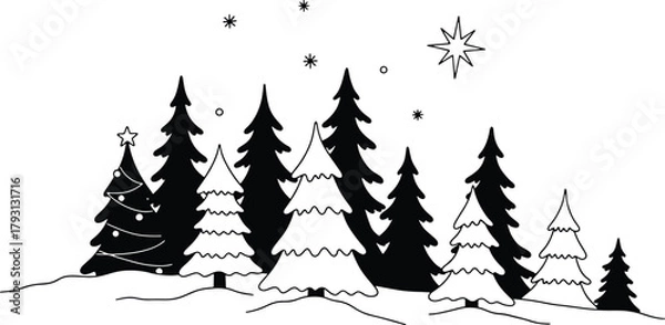 Fototapeta Magical christmas forest with snow covered trees and twinkling stars