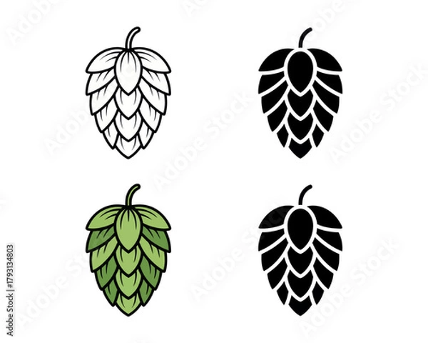 Fototapeta Hop cone vector illustration set for brewing industry and beer production design element fresh hops isolated