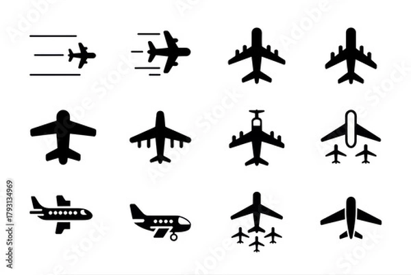 Fototapeta Airplane aviation travel flight transport journey symbol plane vector silhouette icon design graphic commercial