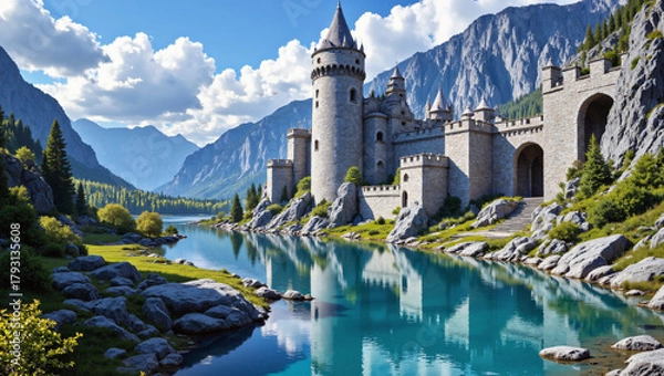 Fototapeta Medieval stone castle with tall towers on a rocky shore of a crystal-clear mountain lake, perfect reflection, pine forest, sunny sky, and majestic mountains, digital art for fantasy and travel themes