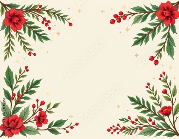 Fototapeta Floral Decorative Border Featuring Red Flowers and Green Leaves on a Beige Background