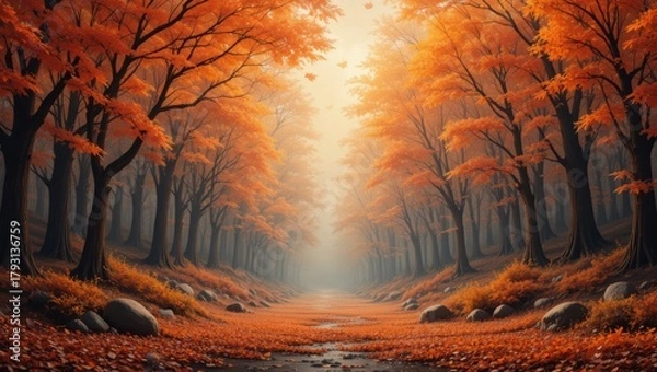 Fototapeta Serene Autumn Forest Pathway with Vibrant Orange Leaves and Soft Fog in Tranquil Morning Light