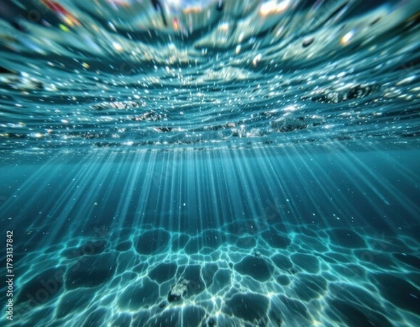 Fototapeta Underwater View of Sparkling Water with Sunlight Rays Filtering Through Surface Layers