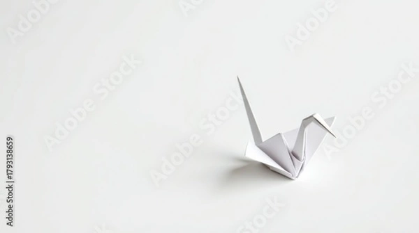 Fototapeta Minimalist white origami paper crane casting a delicate shadow on a clean white background