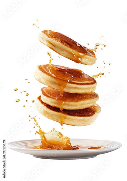 Obraz Stack of pancakes in mid-air, dripping with syrup