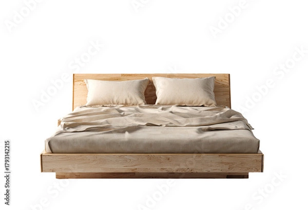 Obraz Simple, light-colored wooden bed with neutral bedding