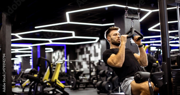 Fototapeta Man exercising on pull-up machine in modern gym with bright neon lights