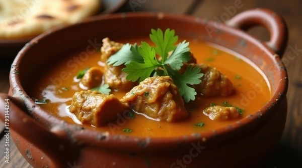 Fototapeta Hearty lamb curry served in a rustic clay pot with fresh cilantro garnish