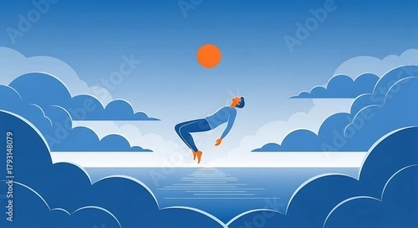 Fototapeta A person floats peacefully in the sky above the ocean.