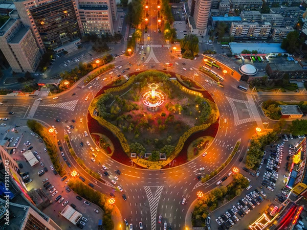 Obraz CHANGCHUN, CHINA - MAY 12, 2025-Aerial view of traffic circle in the downtown of Changchun city, Jilin province, China