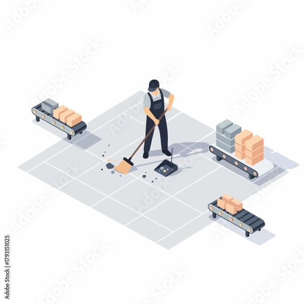 Obraz Isometric Illustration Worker Sweeping Debris Around Conveyor Belt and Packages