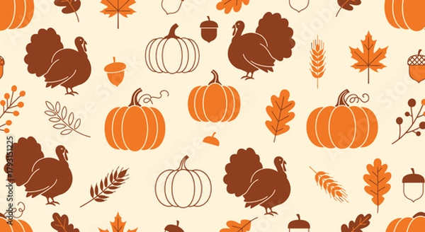 Fototapeta Seamless pattern for Thanksgiving featuring traditional harvest icons like turkey, pumpkins, and autumn leaves on a light background.