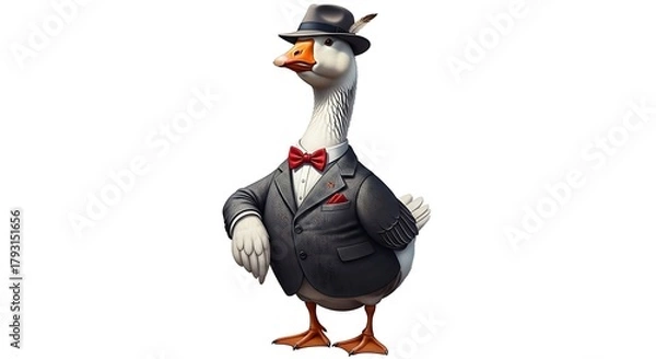 Fototapeta A sophisticated goose dressed in a suit and hat stands proudly.