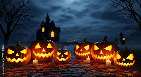 Fototapeta Jack-o'-lanterns line a path to a spooky house on Halloween night.