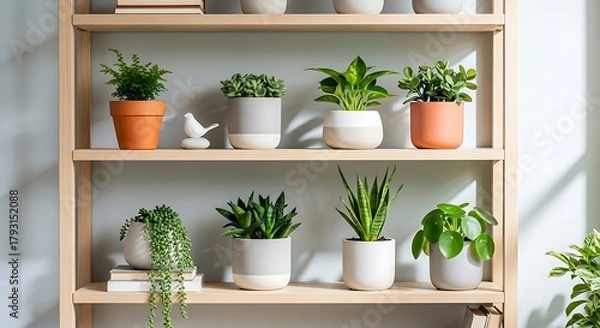 Fototapeta A wooden shelf displays an assortment of potted plants in various containers.