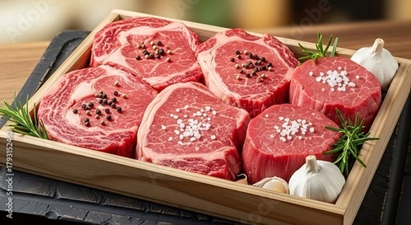 Fototapeta A wooden tray holds raw cuts of beef steak with seasonings and garlic cloves.