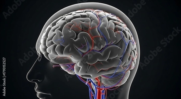 Obraz Close-up anatomical illustration of a human brain with visible blood vessels.